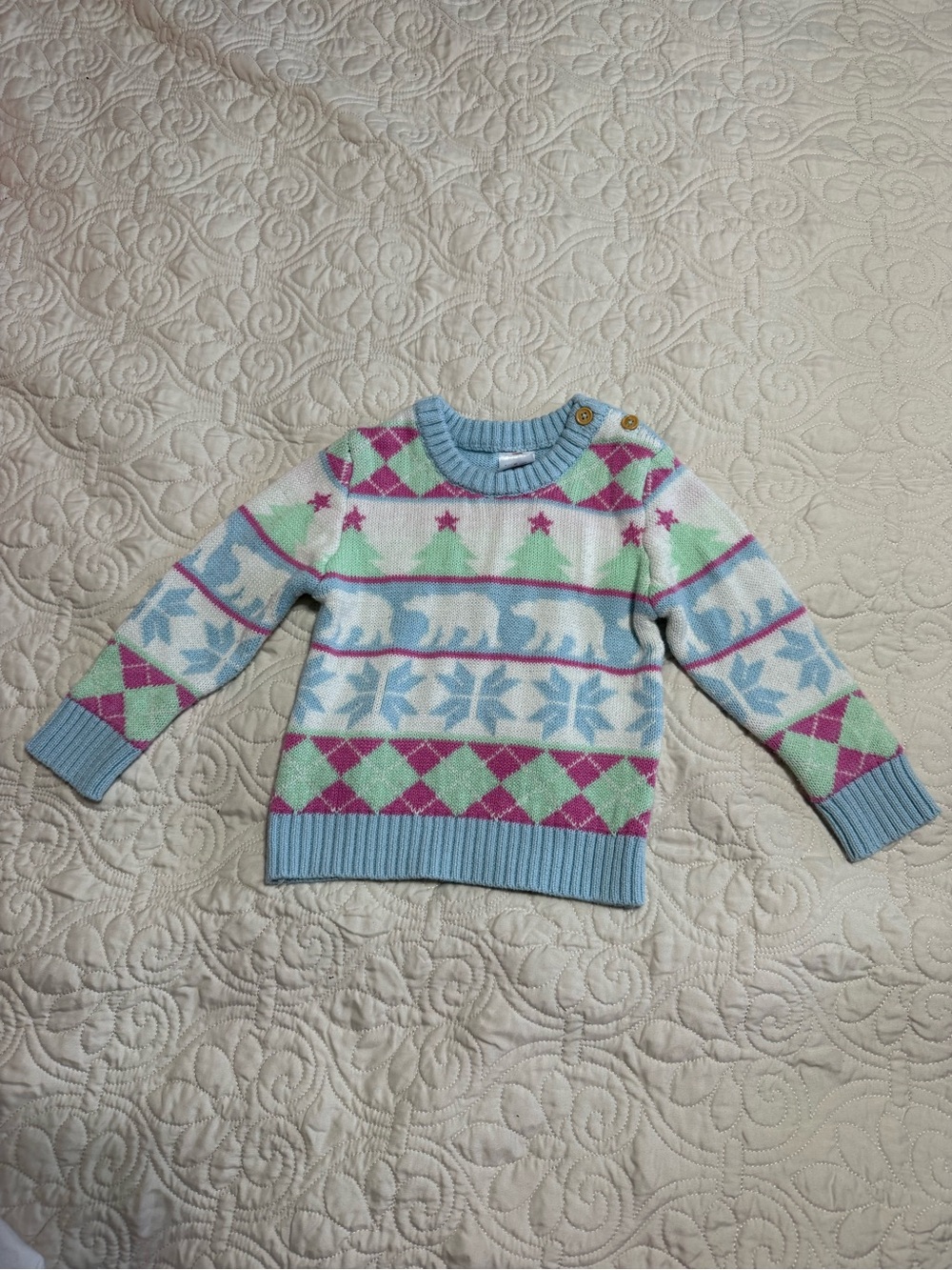 Girls toddler 2T Christmas sweater by Holiday time snowflakes trees polar bears